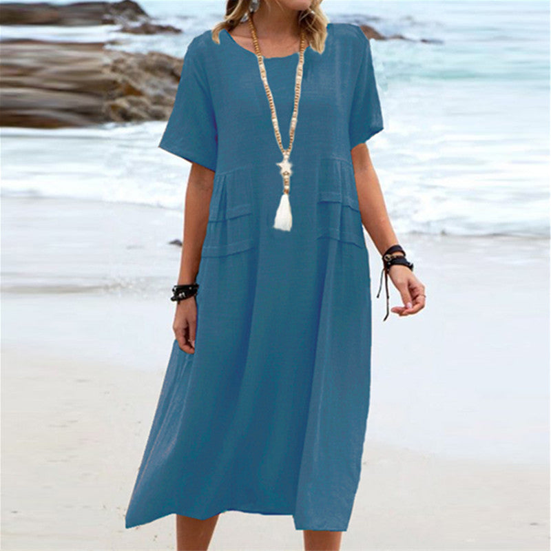 Imogen – Robe Midi Ample d'Été en Coton Lin Respirant à Manches Courtes