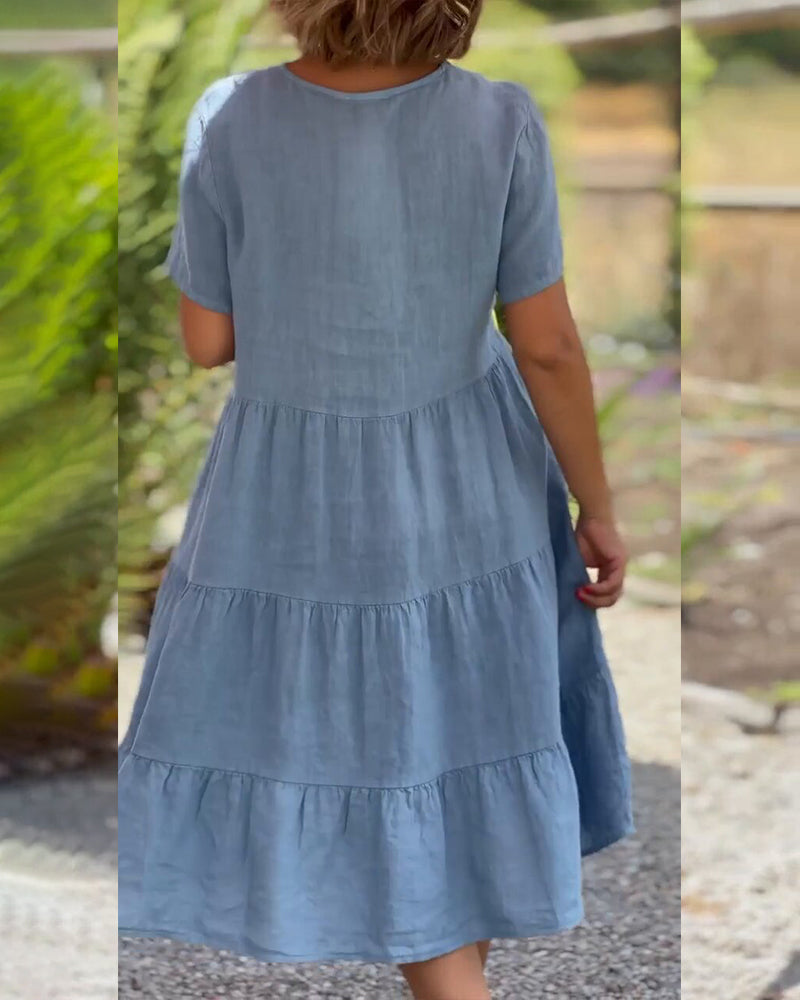 Robe Élégante en Coton Lin avec Encolure en V