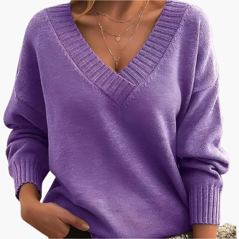 Pull col V chic femme pour l'hiver, style élégant et décontracté à manches longues