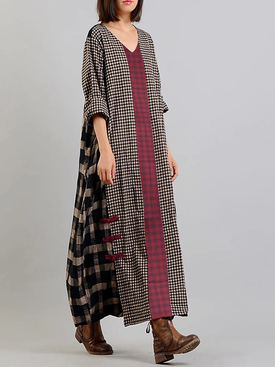 Lang retro ternet kjole til dame, løs og afslappet stil, V-udskæring, lange ærmer, ideel til boheme chic look