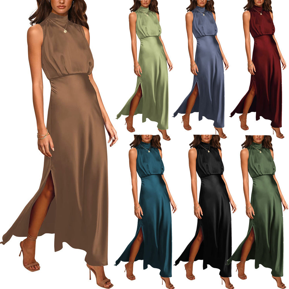 Mary – Robe en Satin à Col Montant