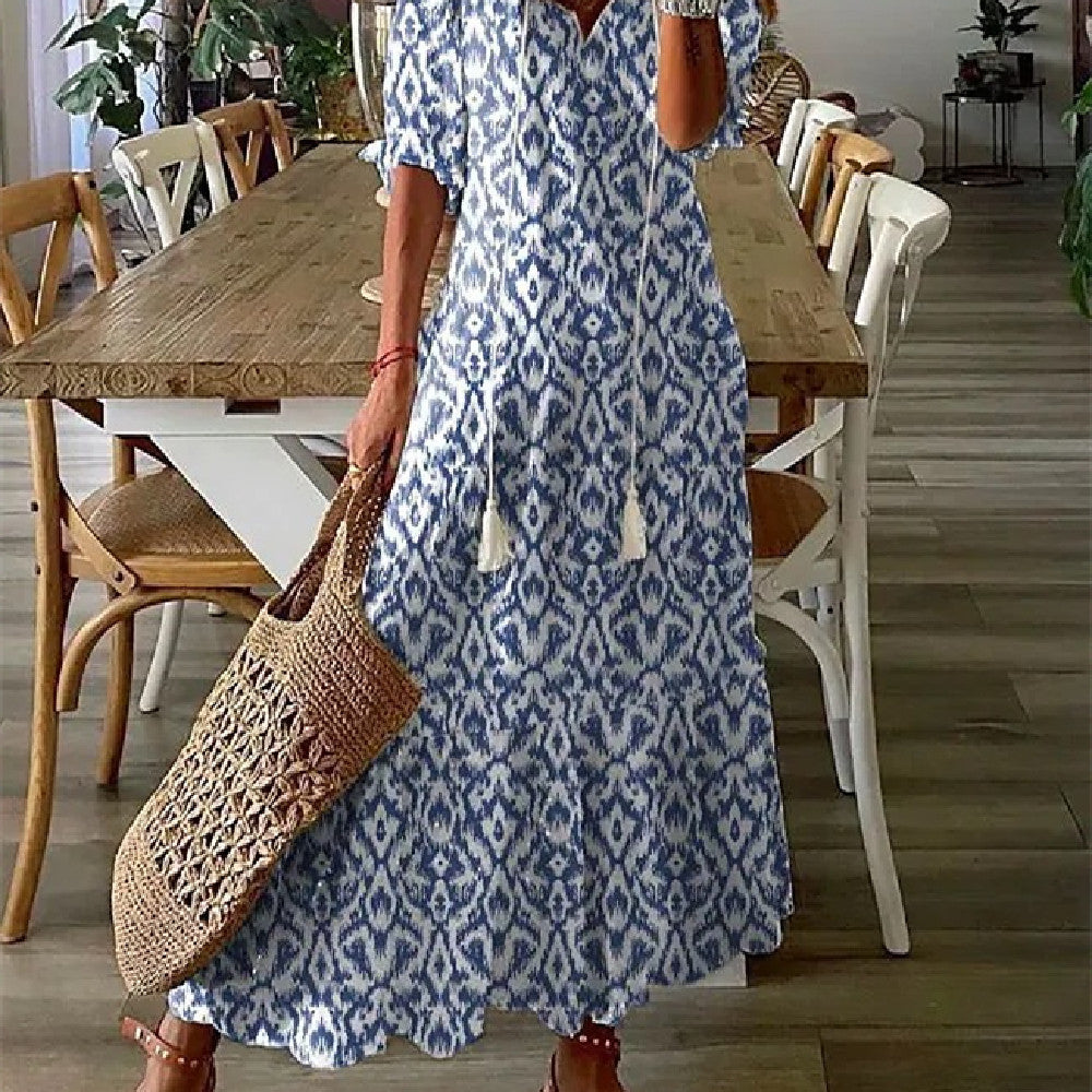 Jennifer – Robe Longue à Manches Moyennes Imprimée