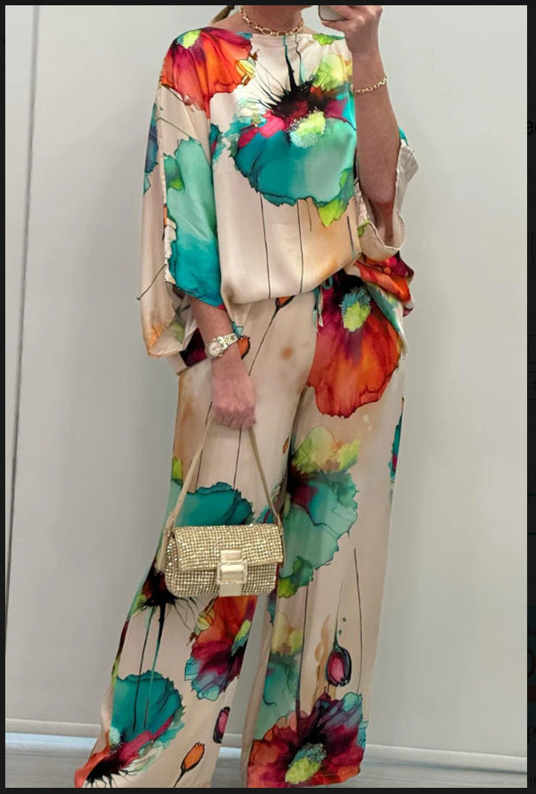 Danielle – Costume Satin Imprimé à Col Rond