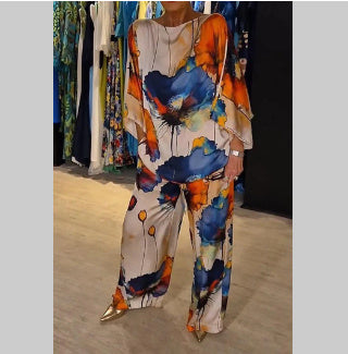 Danielle – Costume Satin Imprimé à Col Rond