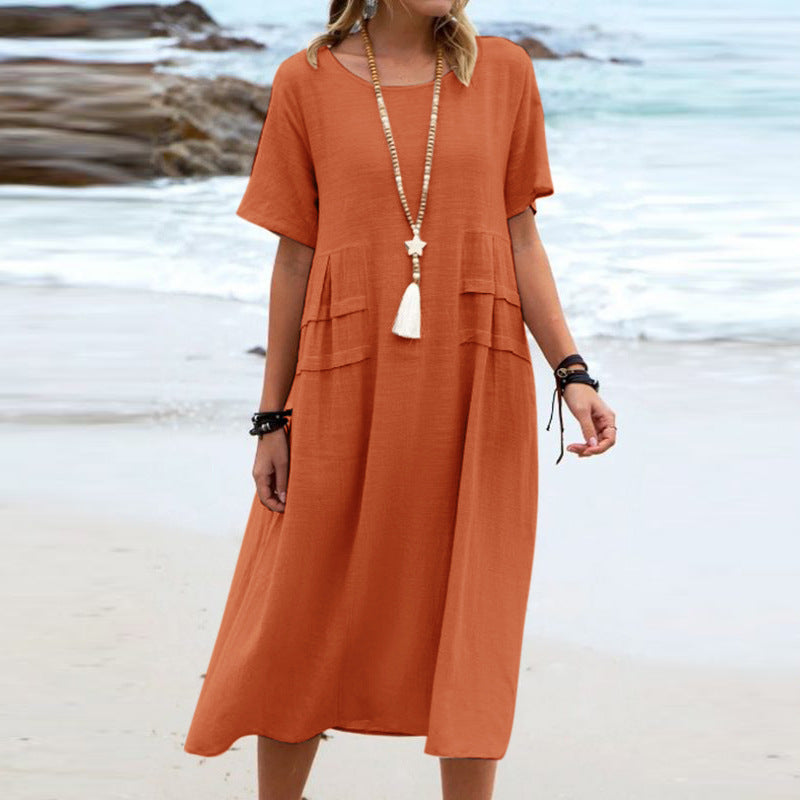 Imogen – Robe Midi Ample d'Été en Coton Lin Respirant à Manches Courtes