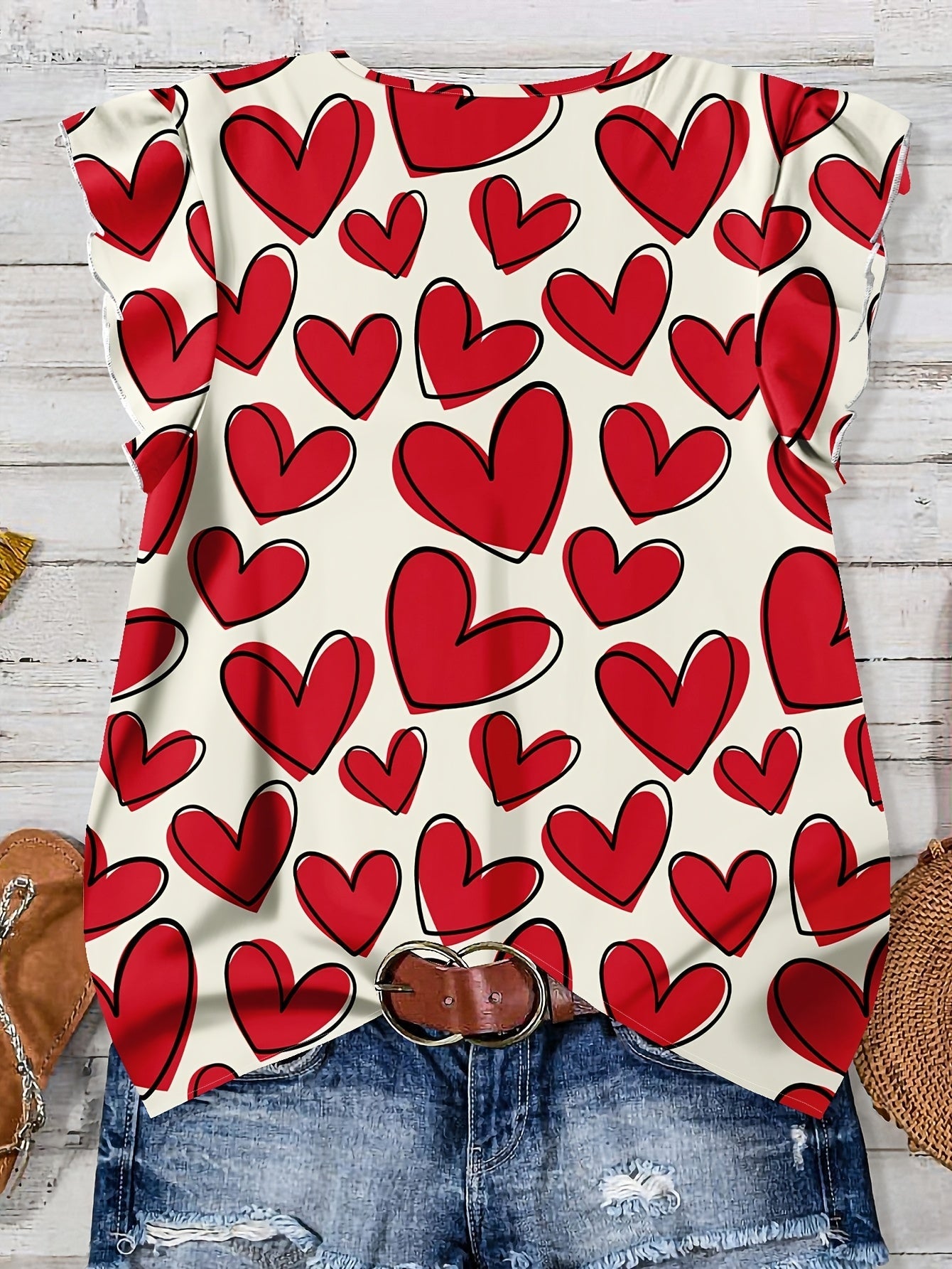 Blusa casual donna con stampa cuori, stile estivo, scollo a V, con bottoni
