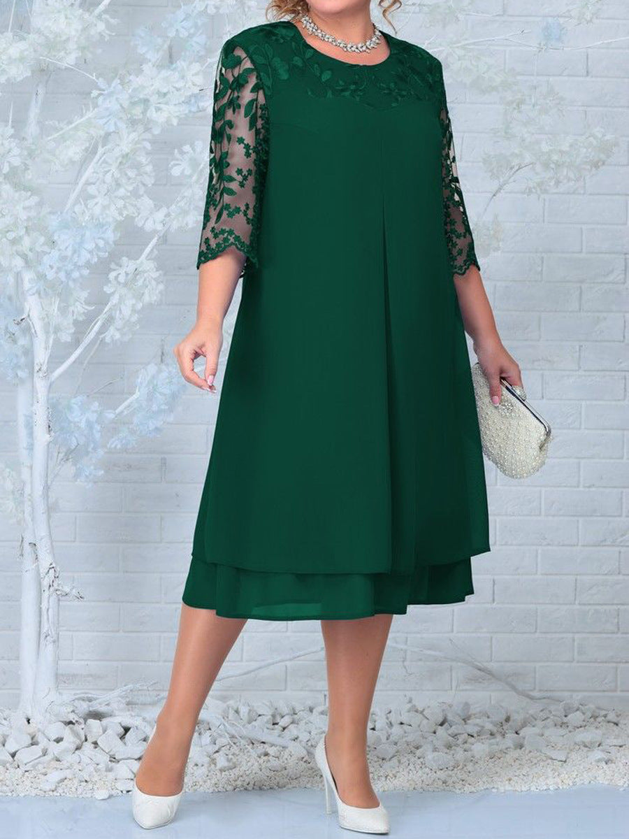 Fiona – Robe mi-longue à col rond en chiffon brodé
