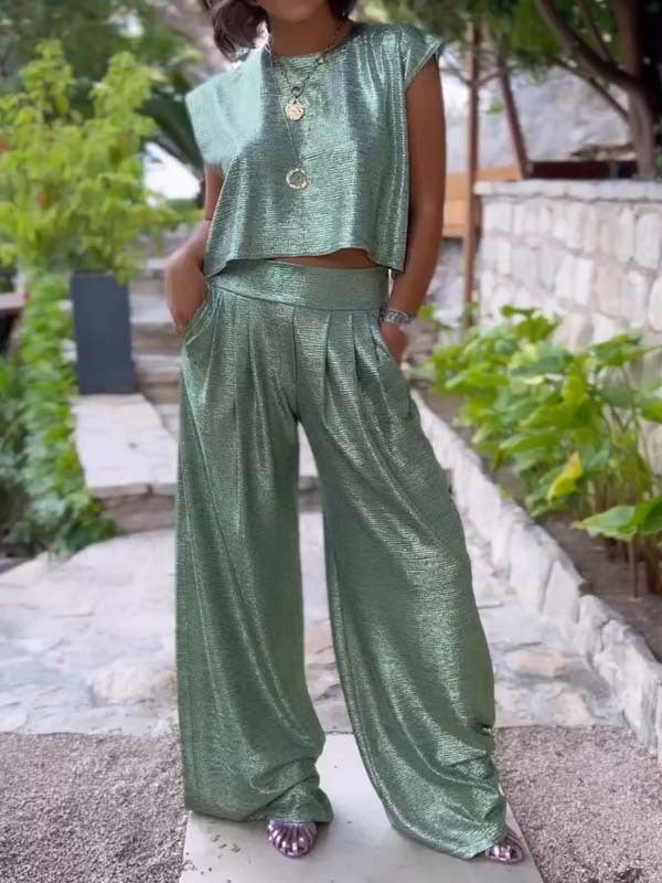 Christine – Ensemble de Pantalons à Jambe Large et Gilet Brillant