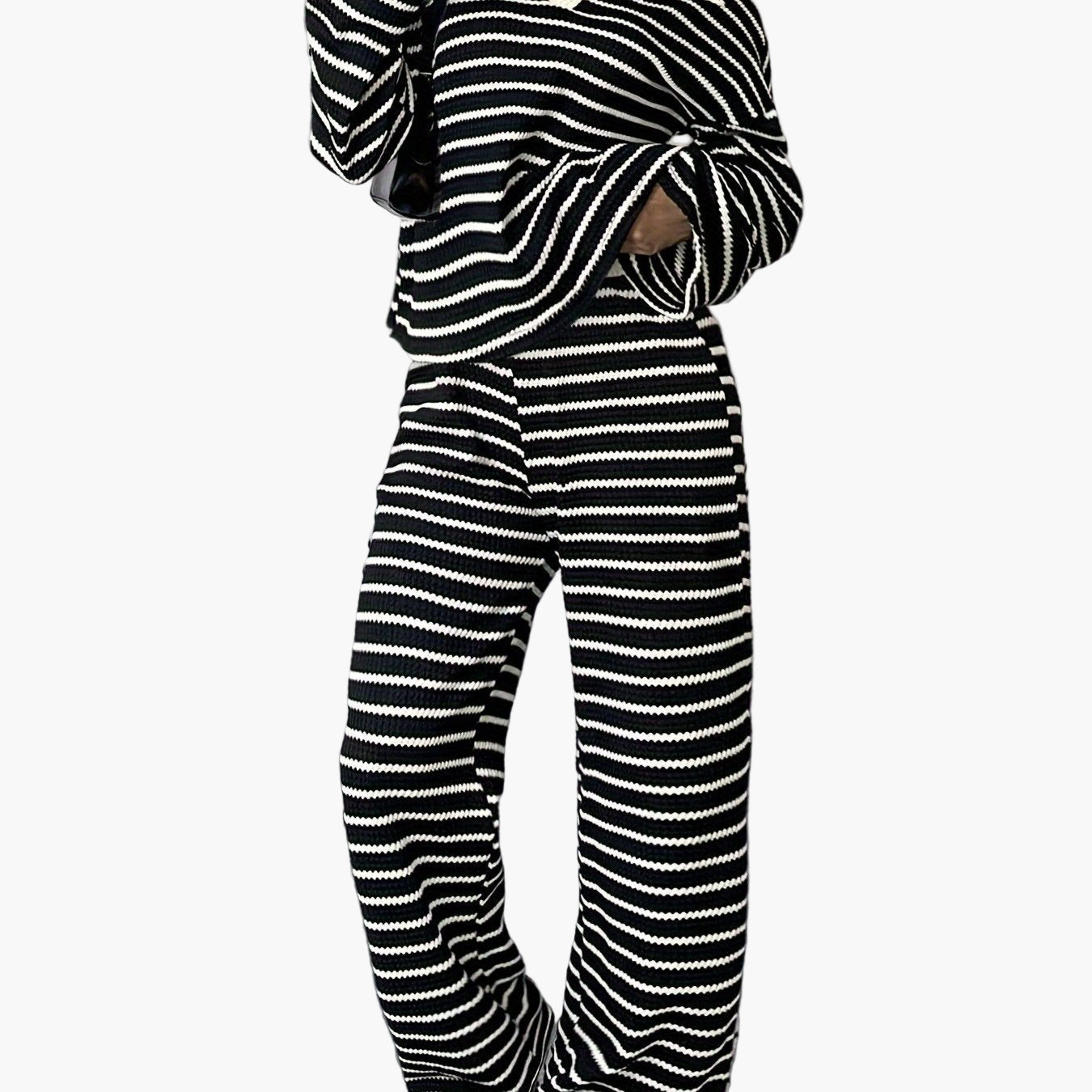 Ensemble Femme Élégant Pull Loose à Rayures et Pantalon Large Style Décontracté Automne-Hiver