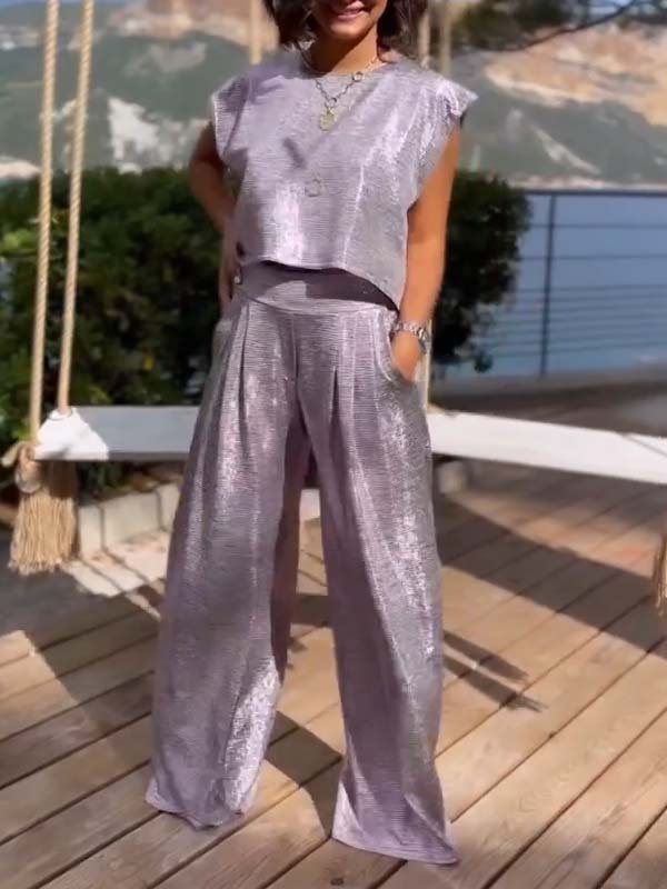 Christine – Ensemble de Pantalons à Jambe Large et Gilet Brillant