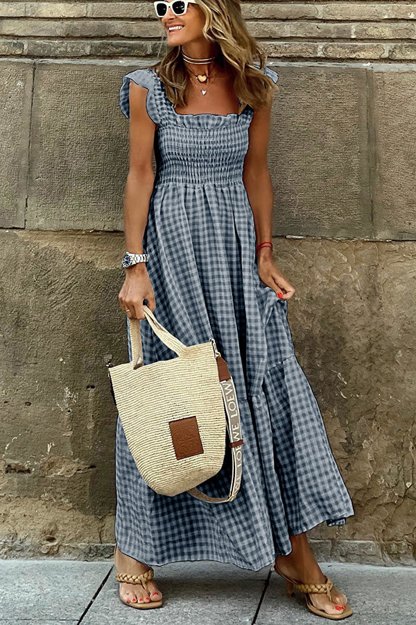Robe Longue à Buste Smocké Multi Plaid