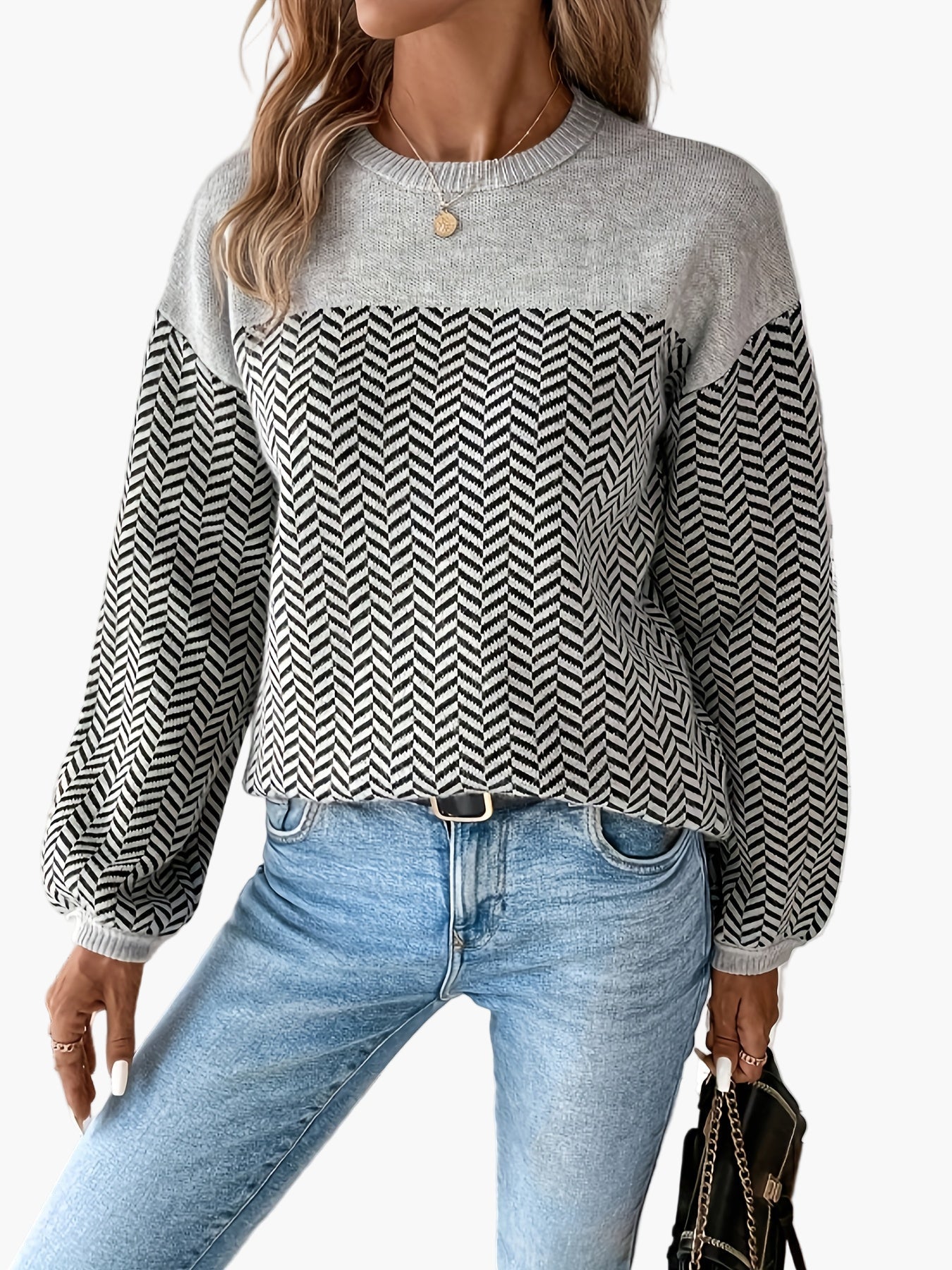 Pull femme décontracté à motif chevrons manches longues coupe régulière pour automne hiver