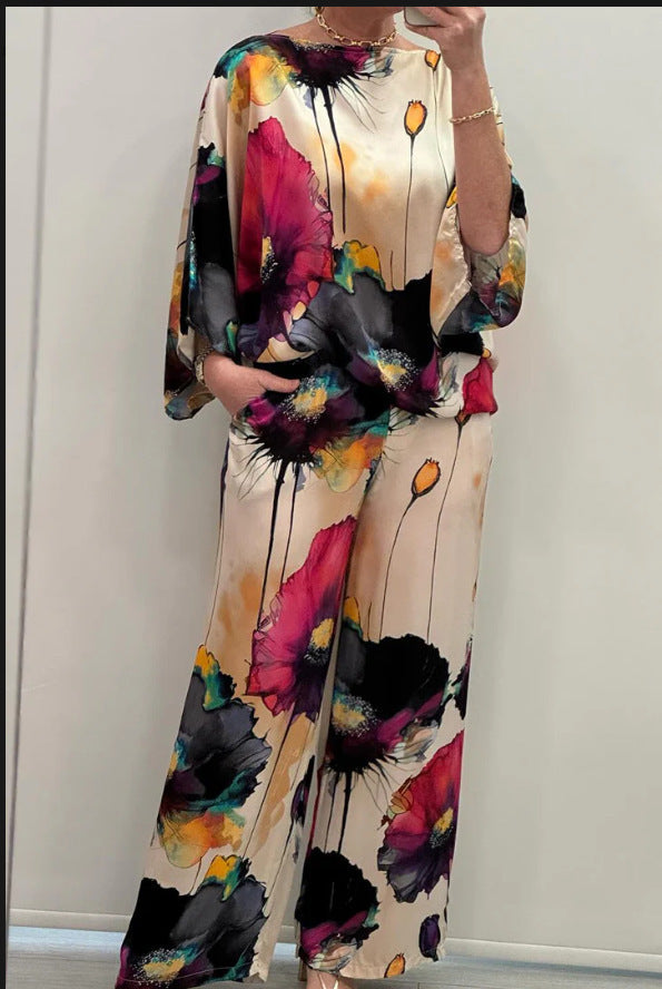 Danielle – Costume Satin Imprimé à Col Rond