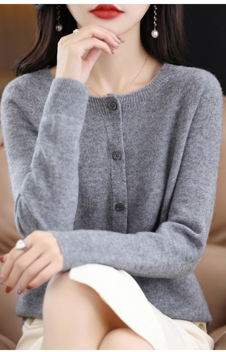 Danielle – Gilet en Laine Mérinos pour Femmes à Col Rond à Manches Longues en Cachemire