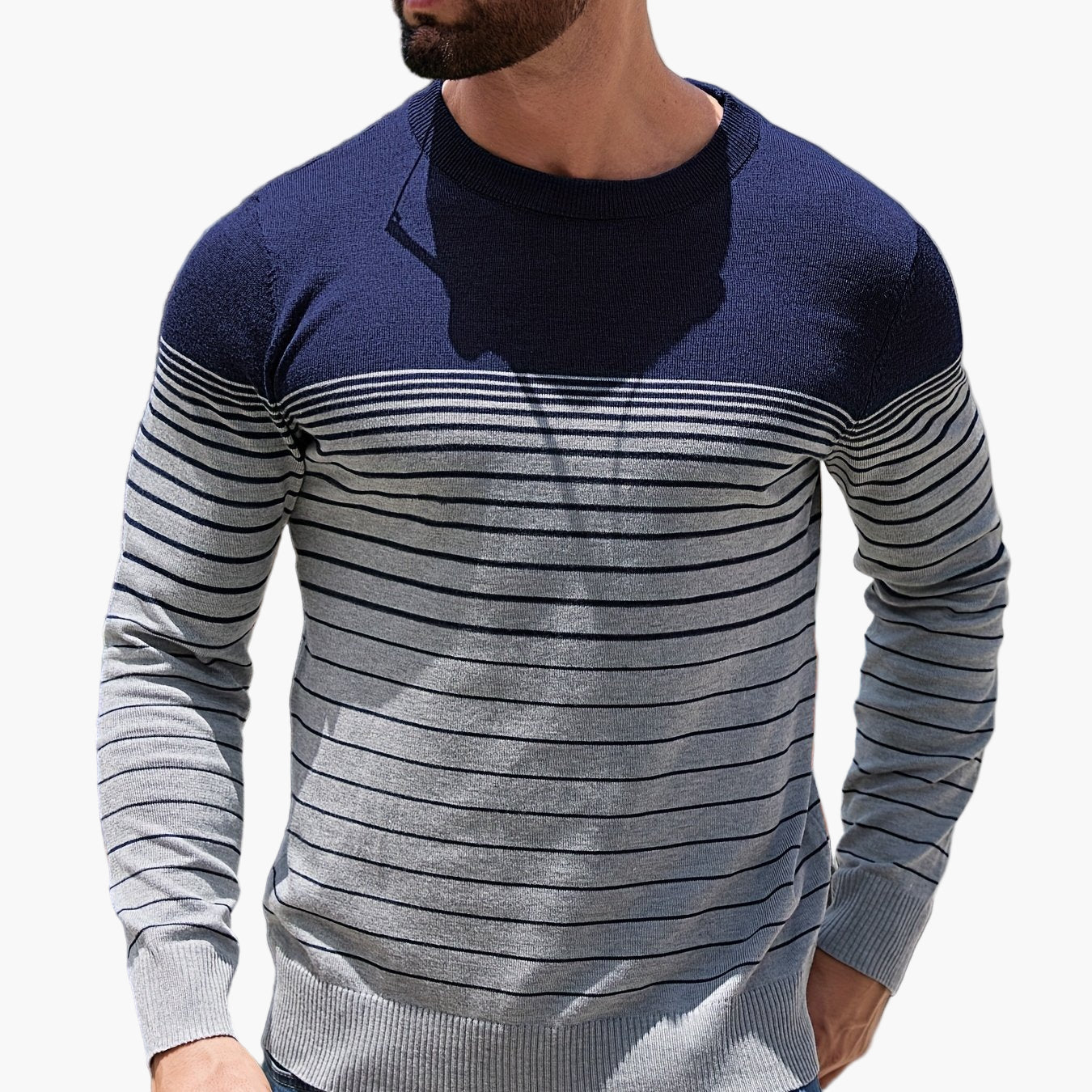 Pull à rayures pour homme style casual – Manches longues, col rond, idéal pour le printemps et l'automne
