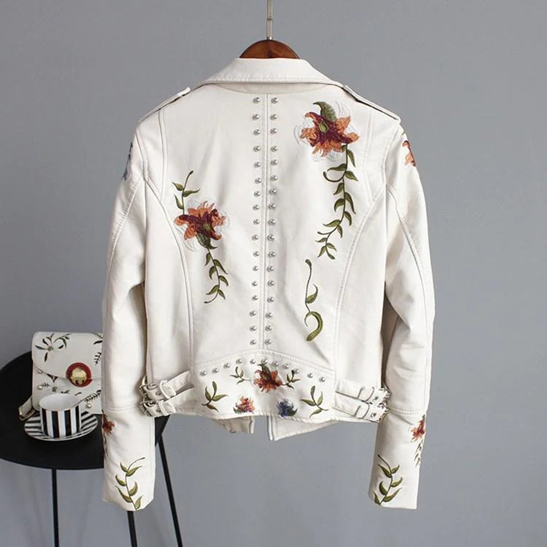 Veste Motard Femme Style Biker Élégant avec Broderie Florale