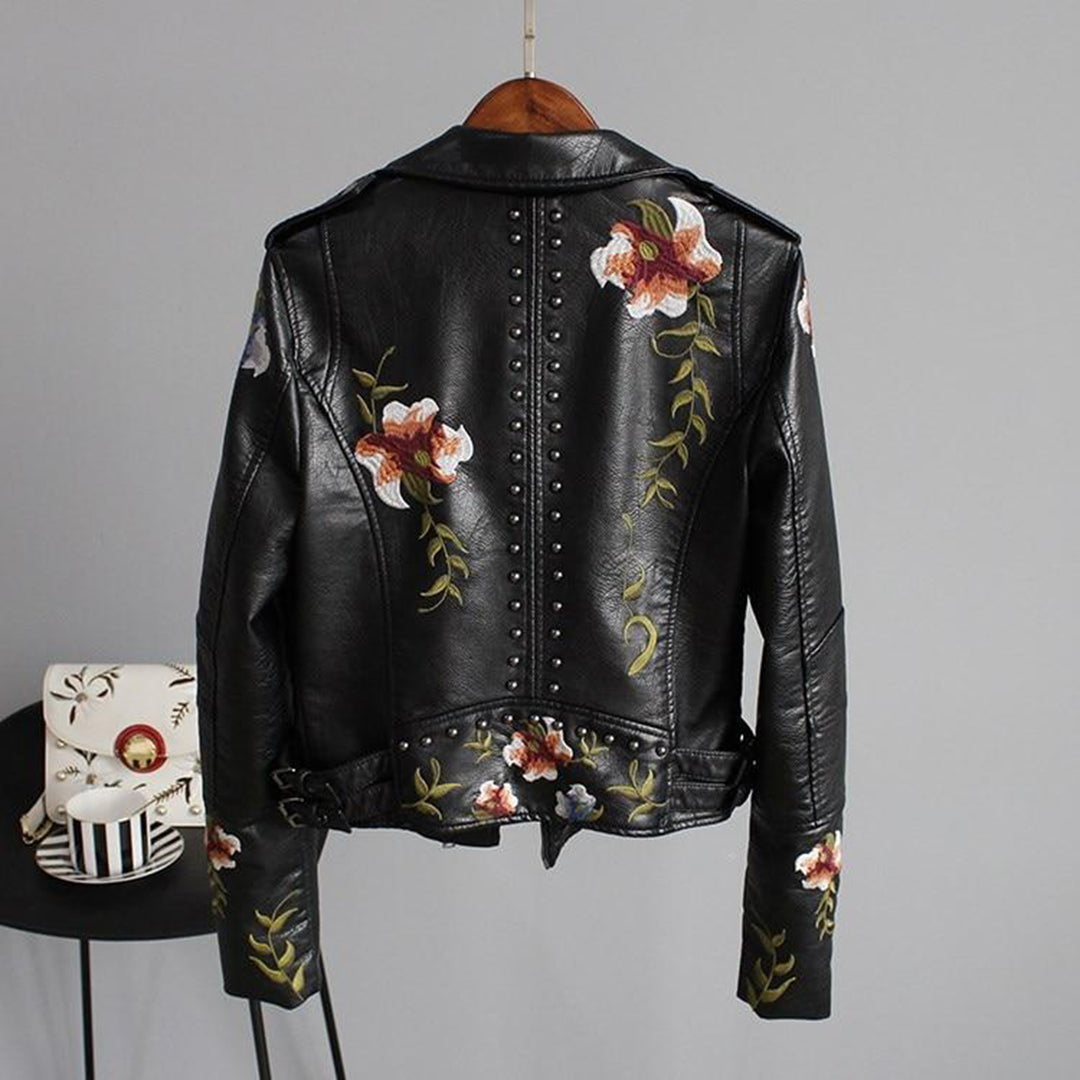 Veste Motard Femme Style Biker Élégant avec Broderie Florale