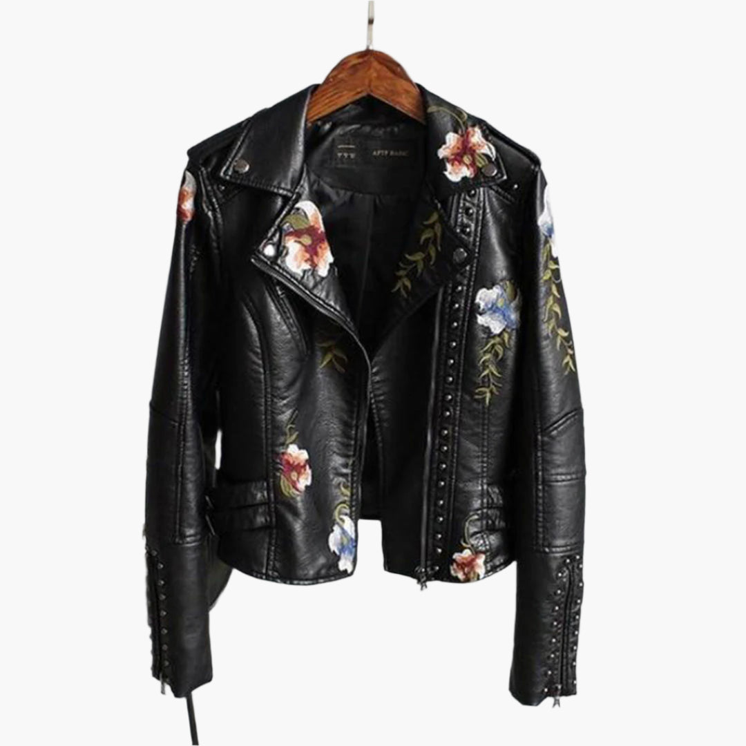 Veste Motard Femme Style Biker Élégant avec Broderie Florale