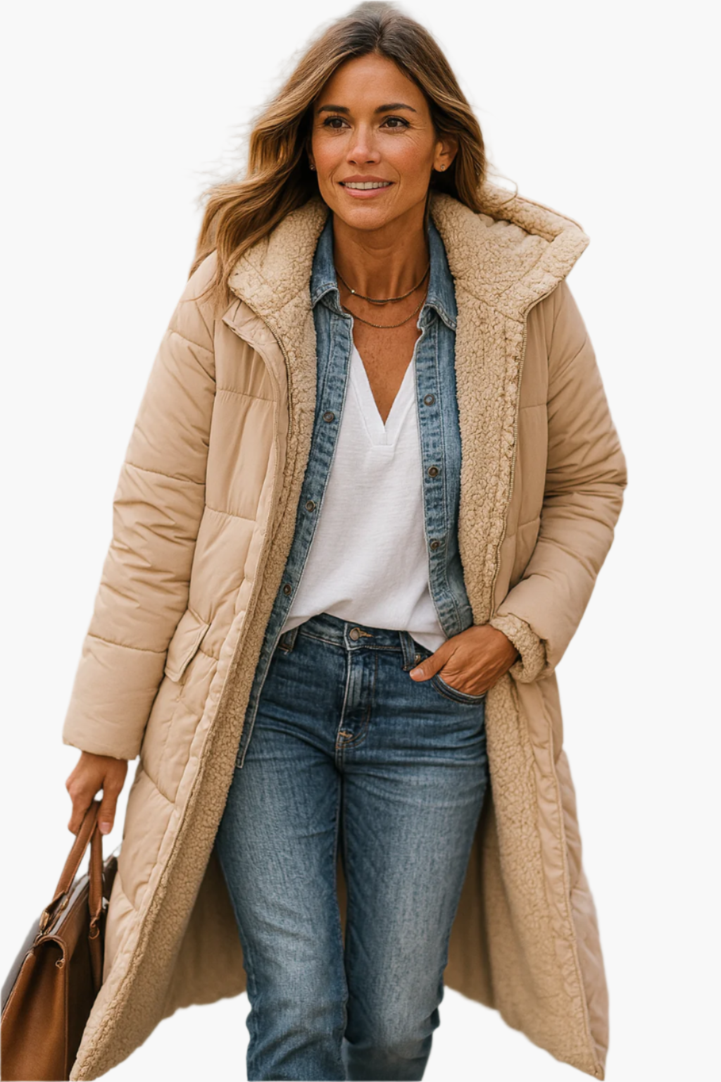 Manteau long d'hiver femme style doudoune réversible à capuche avec doublure peluche, chic et chaud, idéal pour temps froid