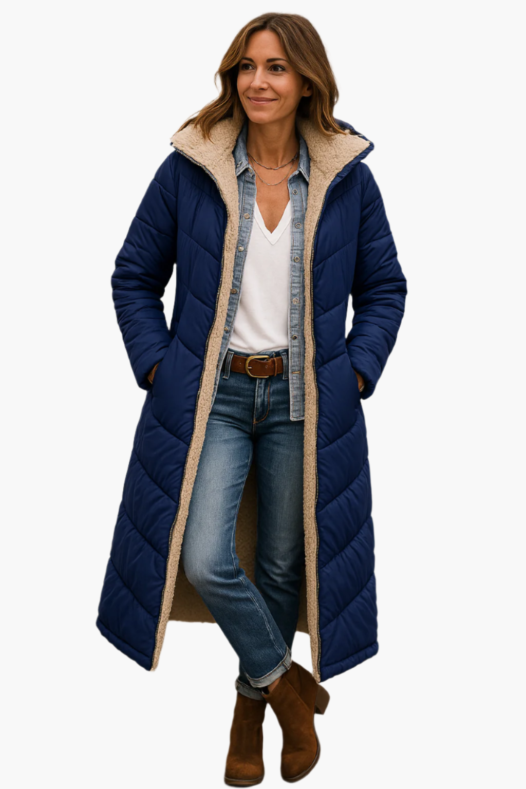 Manteau long d'hiver femme style doudoune réversible à capuche avec doublure peluche, chic et chaud, idéal pour temps froid