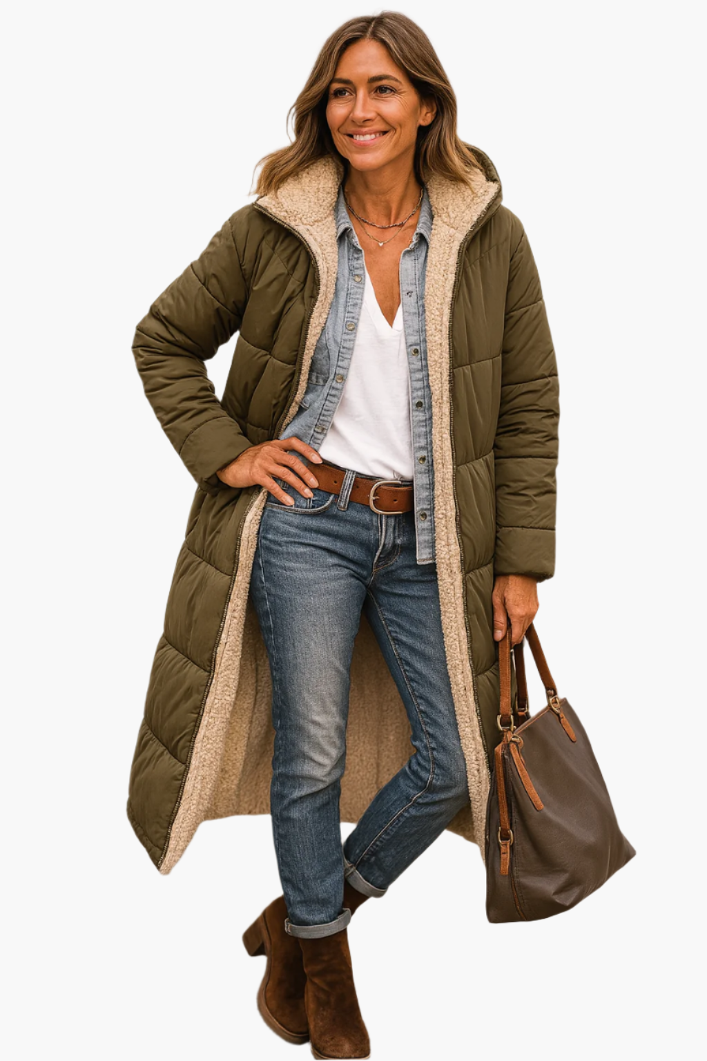 Manteau long d'hiver femme style doudoune réversible à capuche avec doublure peluche, chic et chaud, idéal pour temps froid
