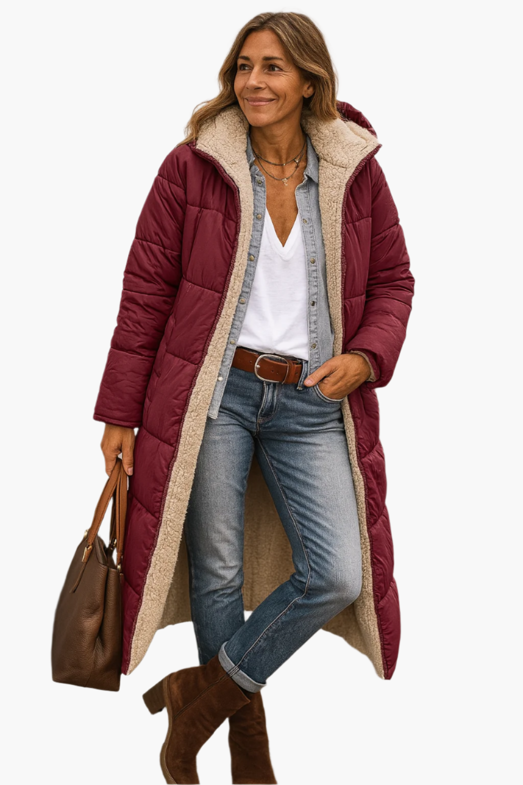 Manteau long d'hiver femme style doudoune réversible à capuche avec doublure peluche, chic et chaud, idéal pour temps froid