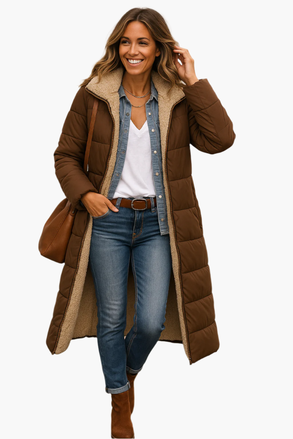Manteau long d'hiver femme style doudoune réversible à capuche avec doublure peluche, chic et chaud, idéal pour temps froid