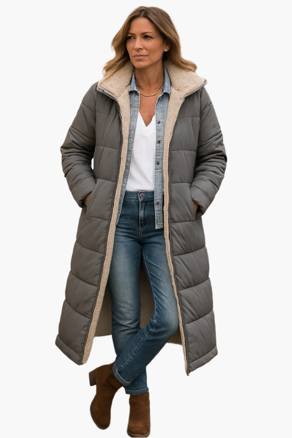 Manteau long d'hiver femme style doudoune réversible à capuche avec doublure peluche, chic et chaud, idéal pour temps froid