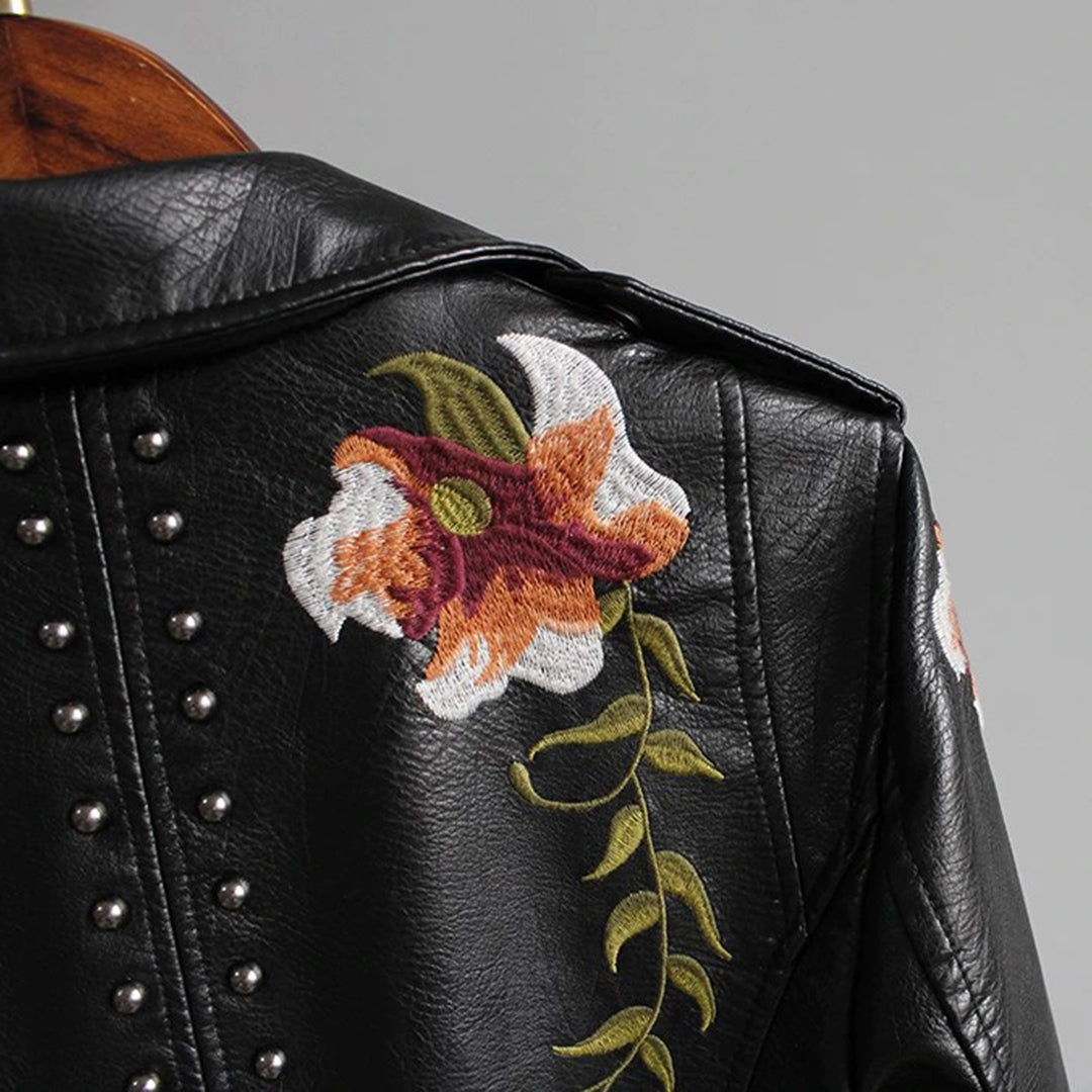Veste Motard Femme Style Biker Élégant avec Broderie Florale