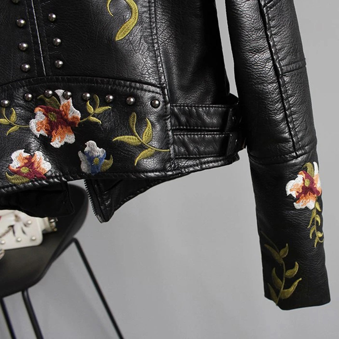 Veste Motard Femme Style Biker Élégant avec Broderie Florale