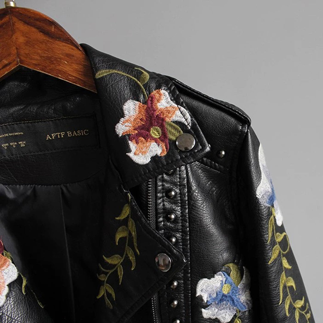 Veste Motard Femme Style Biker Élégant avec Broderie Florale