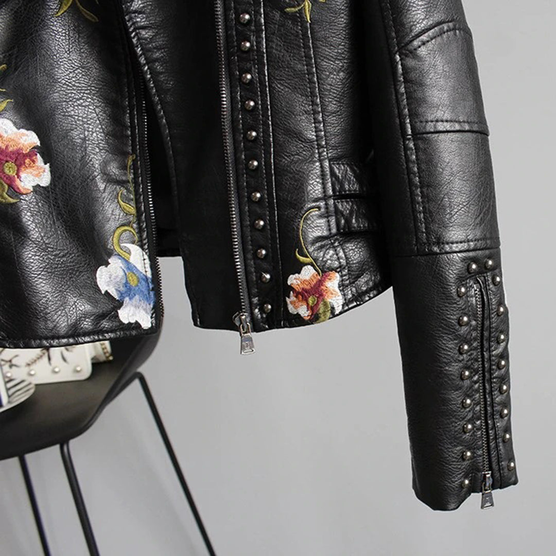 Veste Motard Femme Style Biker Élégant avec Broderie Florale