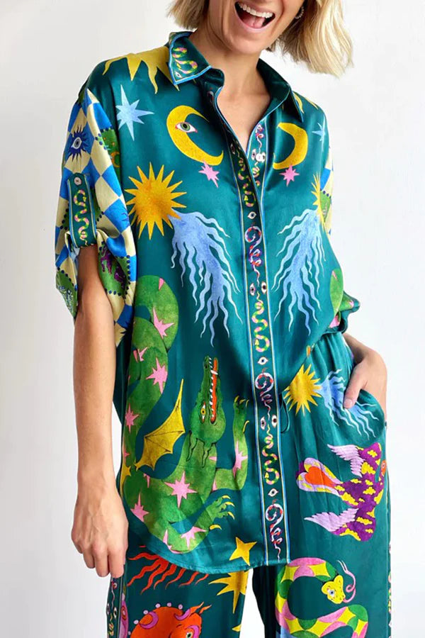 Chemisier Oversize à Boutons en Mélange de Lin avec Imprimé Unique