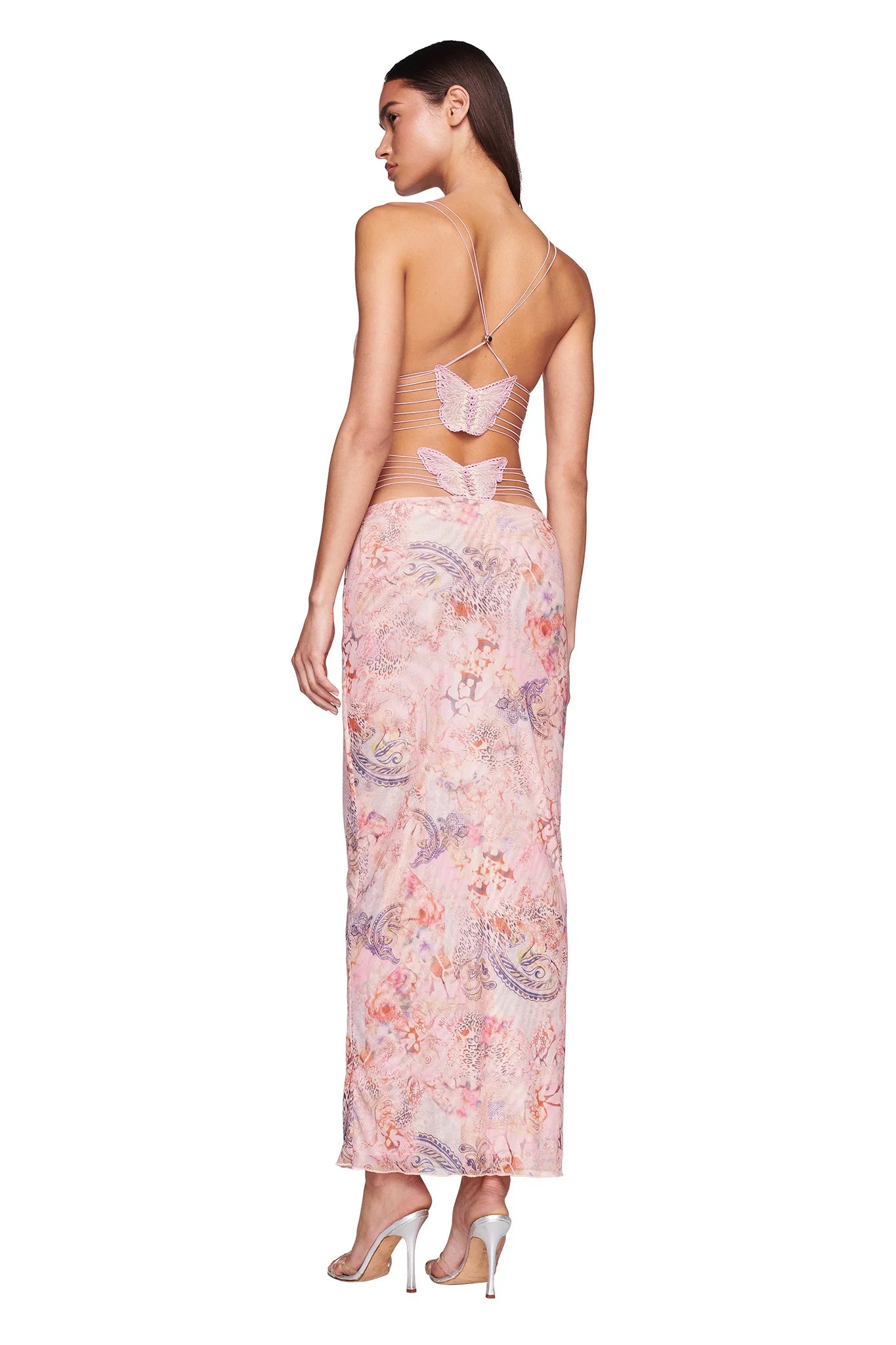 Robe Imprimée Dos Nu avec Col Papillon