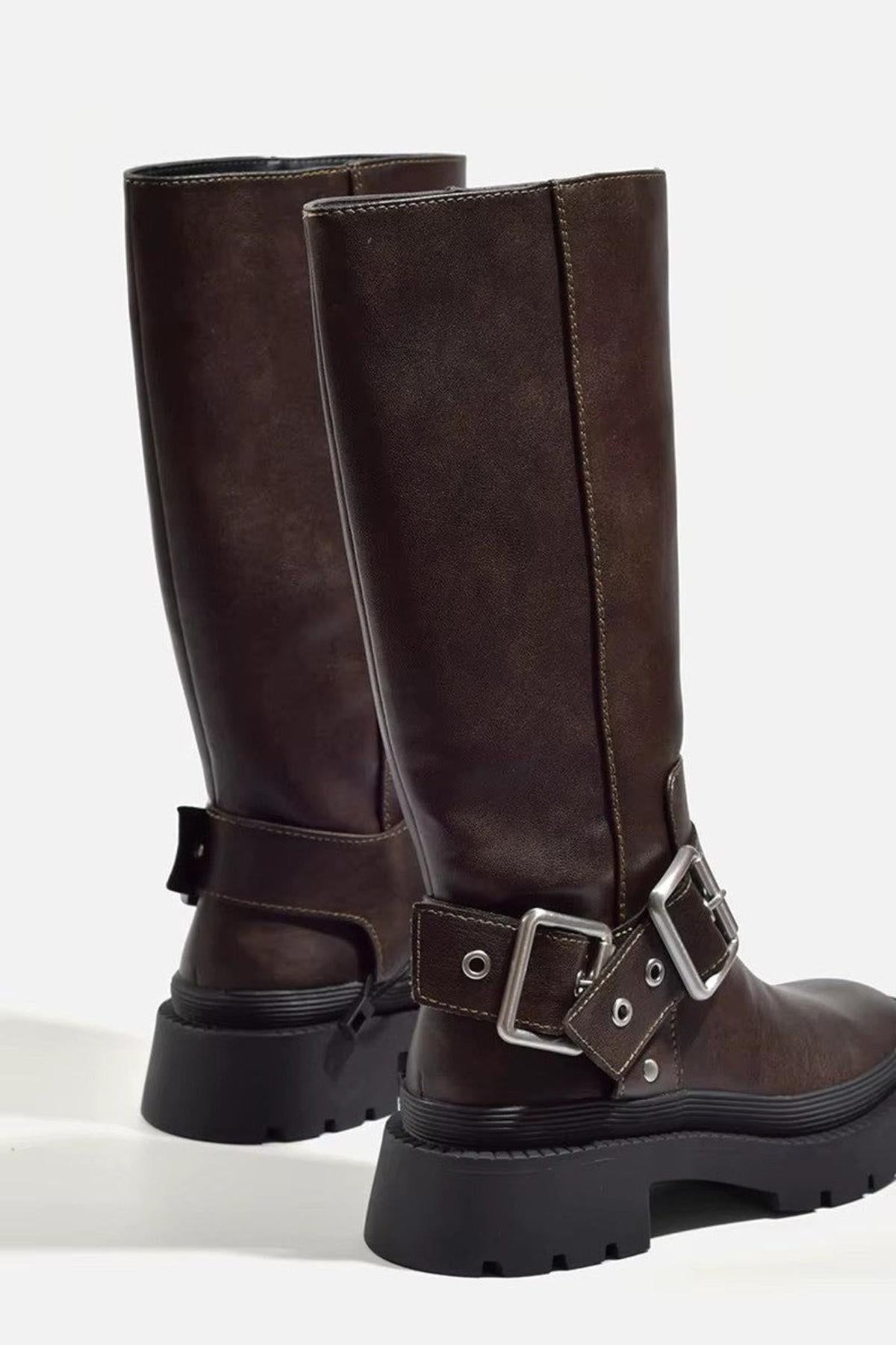 Bottes mi-hautes femme style motard à boucle – Look rétro et pratique pour l'automne et l'hiver