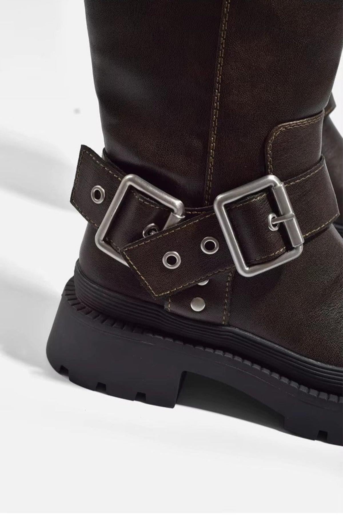 Bottes mi-hautes femme style motard à boucle – Look rétro et pratique pour l'automne et l'hiver
