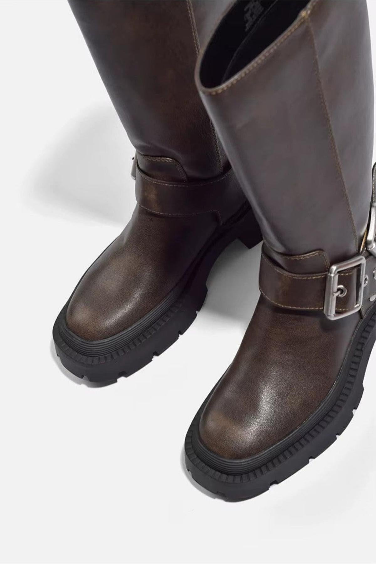 Bottes mi-hautes femme style motard à boucle – Look rétro et pratique pour l'automne et l'hiver