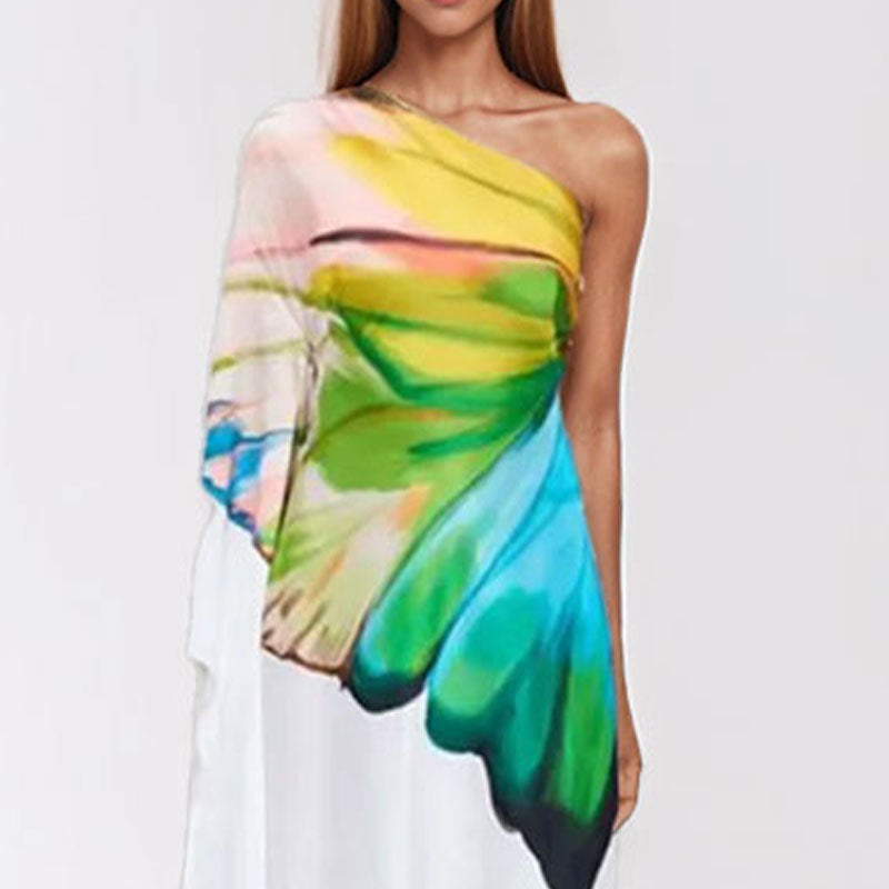 Donna – Robe en satin imprimée élégante à épaule dénudée et fente