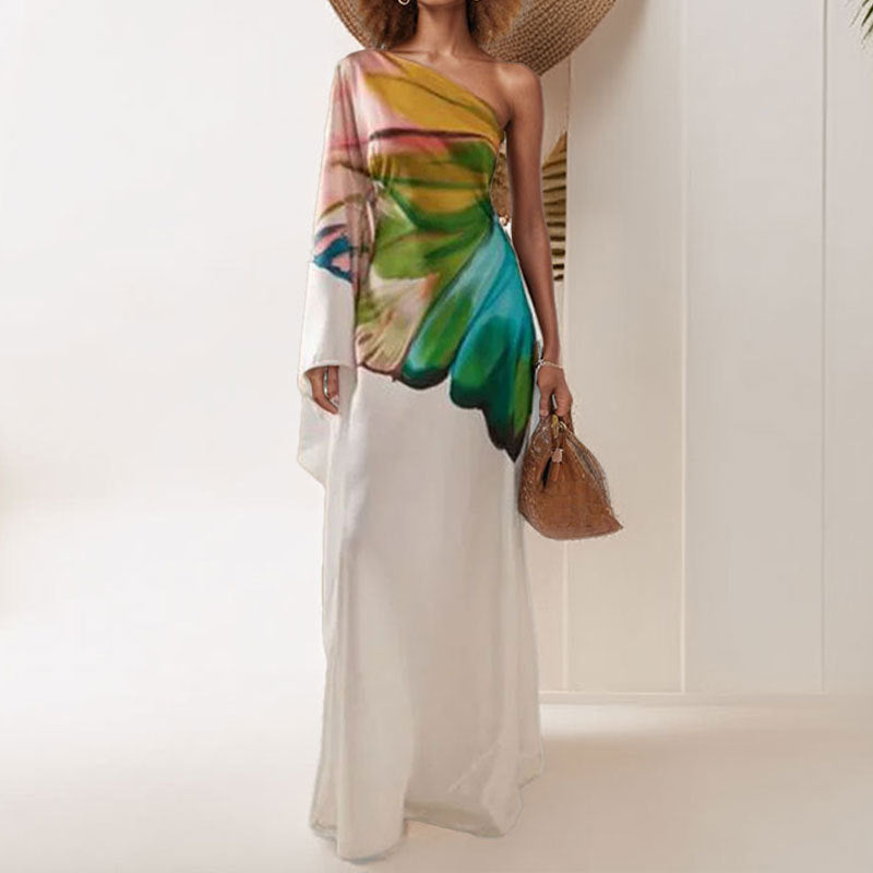 Donna – Robe en satin imprimée élégante à épaule dénudée et fente