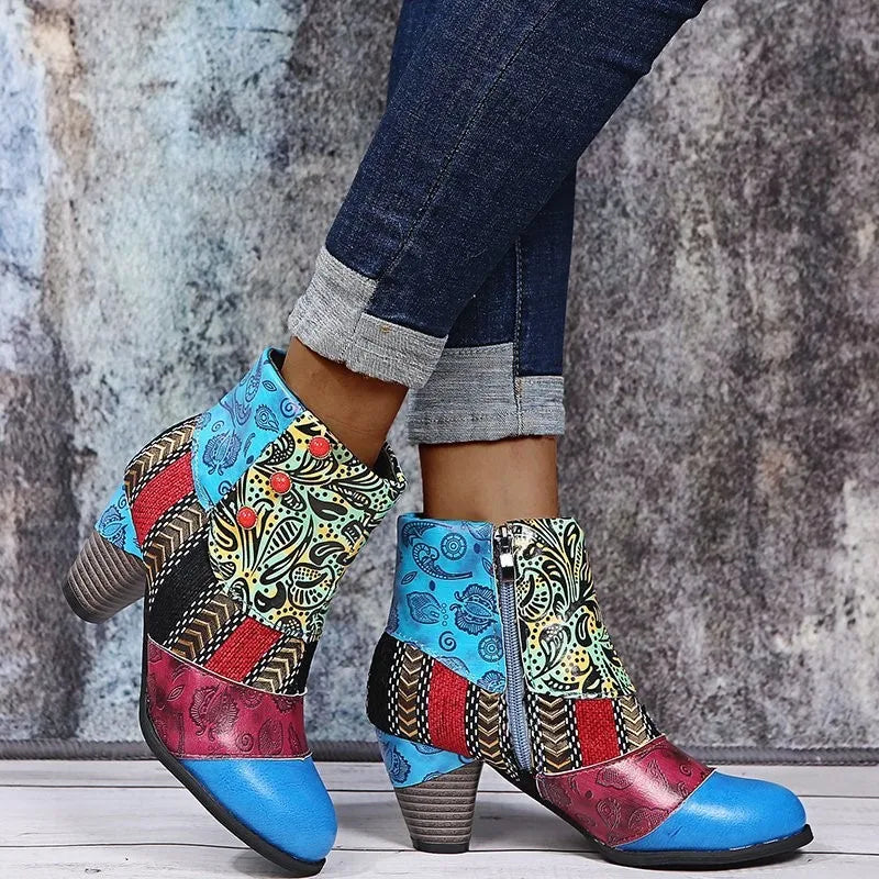 Helen – Bottines en Cuir Bohème Vintage et Talon Bas Confortable