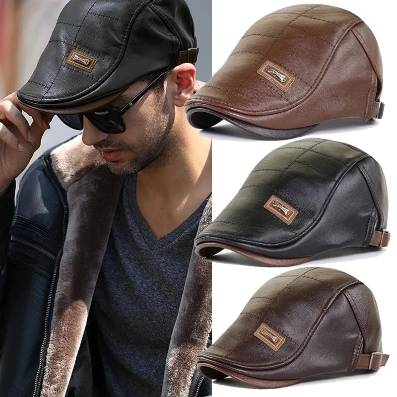 Christopher – Béret d'Hiver en Cuir Synthétique pour Hommes avec Visière