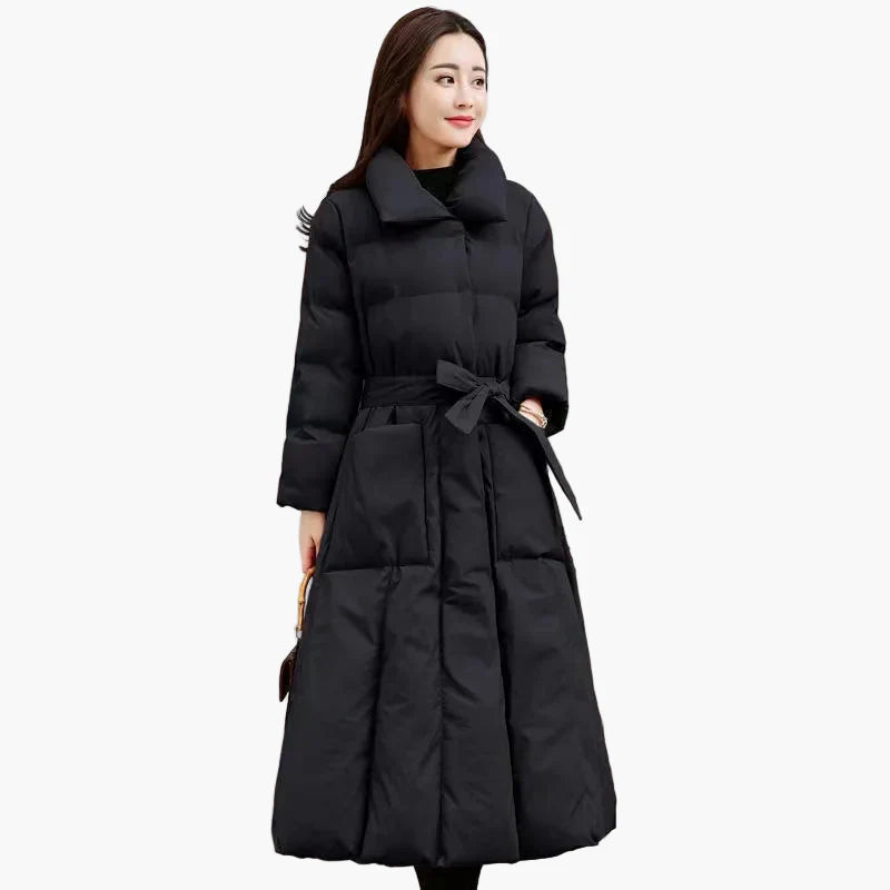 Manteau long femme élégant style doudoune matelassée pour hiver – coupe cintrée chic