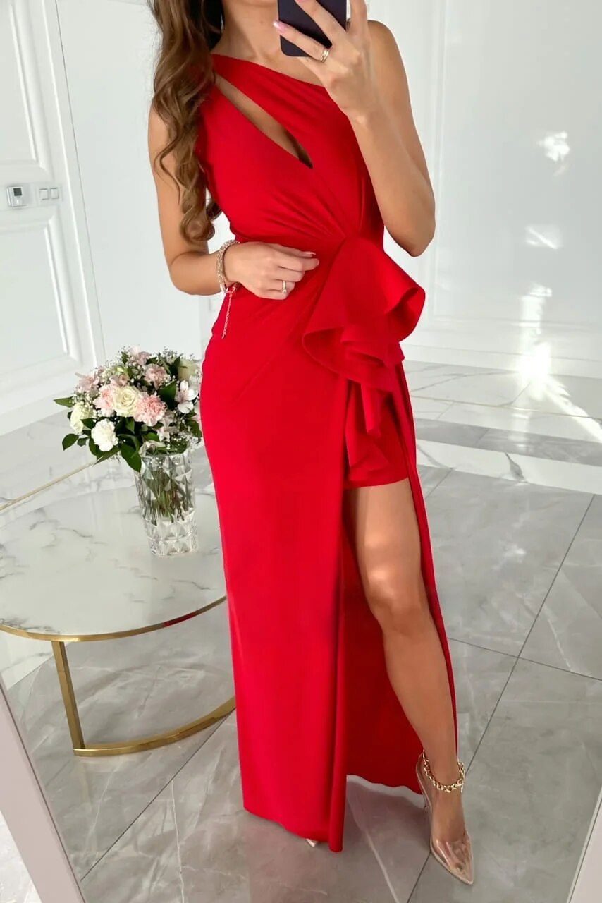Robe Maxi à une Epaule avec Découpe et Volant