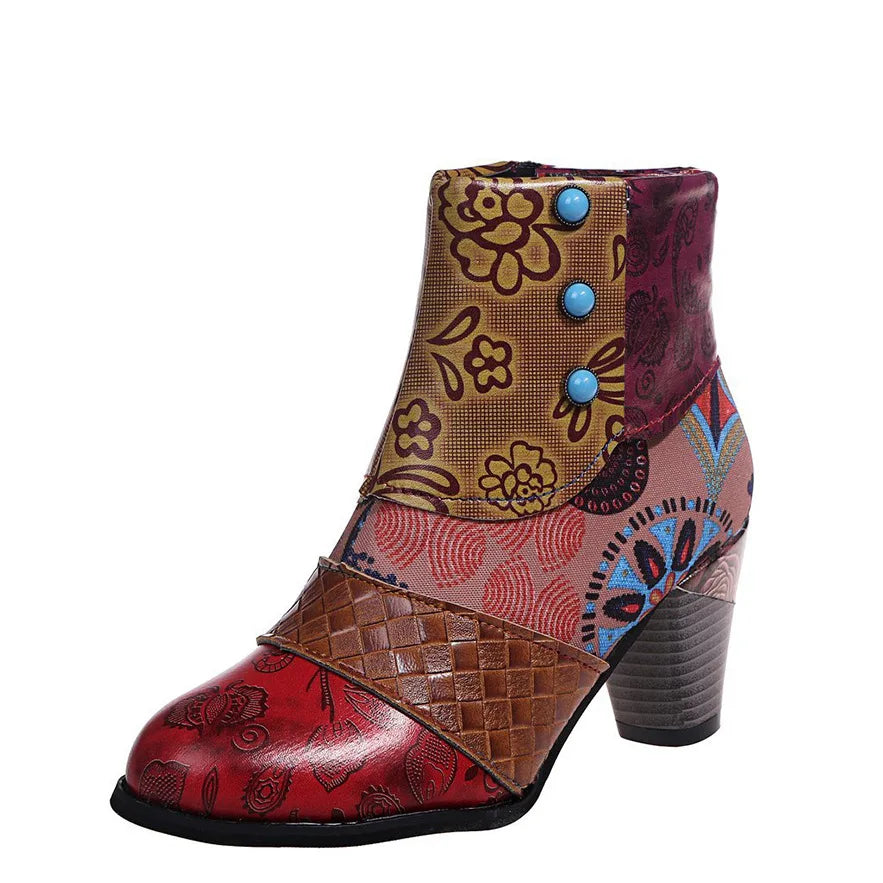 Helen – Bottines en Cuir Bohème Vintage et Talon Bas Confortable