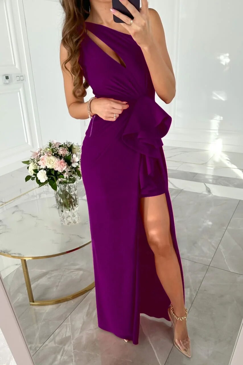 Robe Maxi à une Epaule avec Découpe et Volant