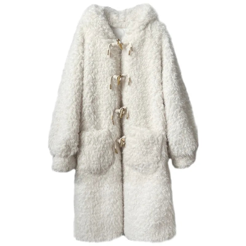 Manteau long d'hiver femme style surdimensionné à capuche, look peluche élégant