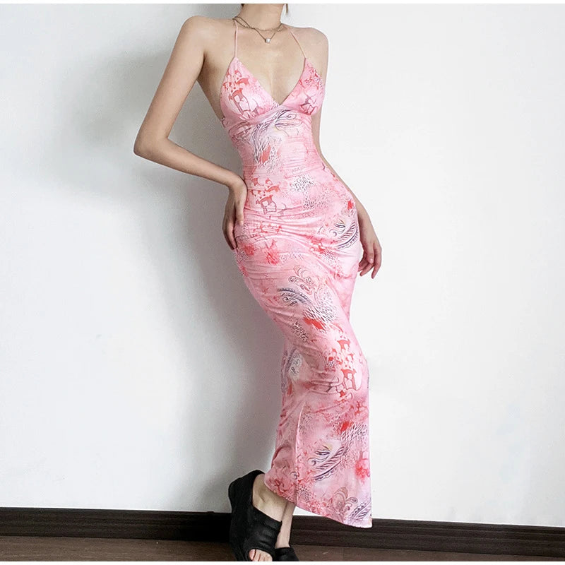 Robe Imprimée Dos Nu avec Col Papillon