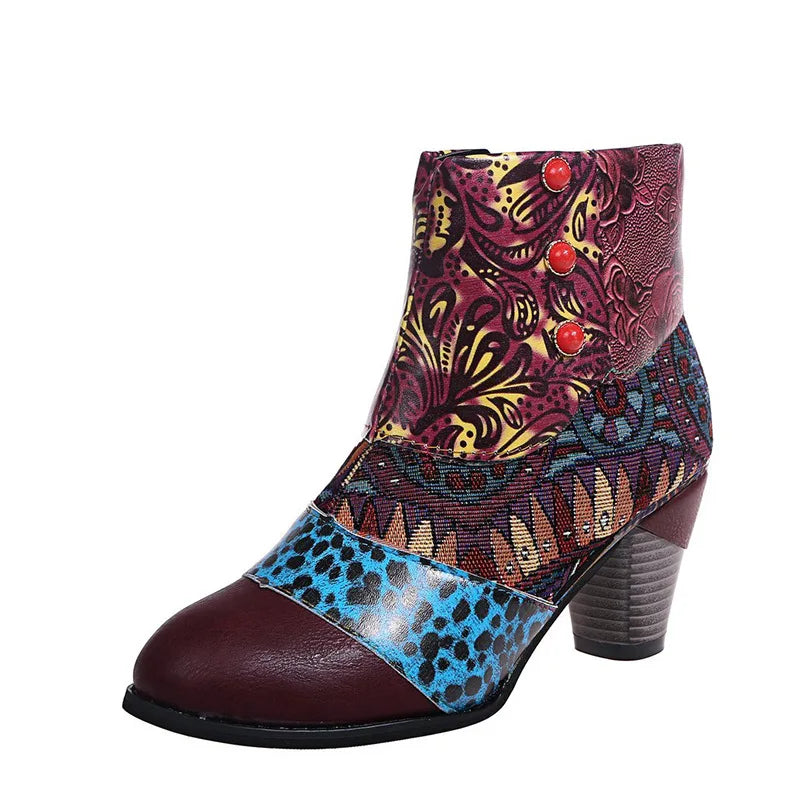 Helen – Bottines en Cuir Bohème Vintage et Talon Bas Confortable