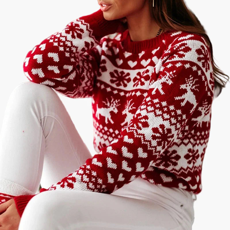 Pull de Noël femme style nordique à motifs rennes et flocons – Idéal pour l'hiver et les fêtes
