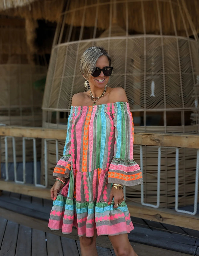Mini Robe Décolletée à Imprimé Ethnique